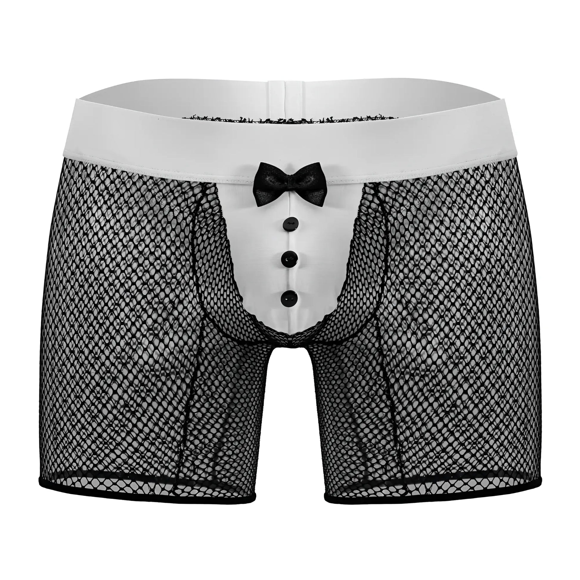 Black mesh boxer briefs with white front panel black buttons and bow tie candyMan 99834 tuxedo trunks color black