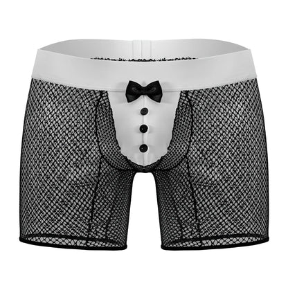 Black mesh boxer briefs with white front panel black buttons and bow tie candyMan 99834 tuxedo trunks color black