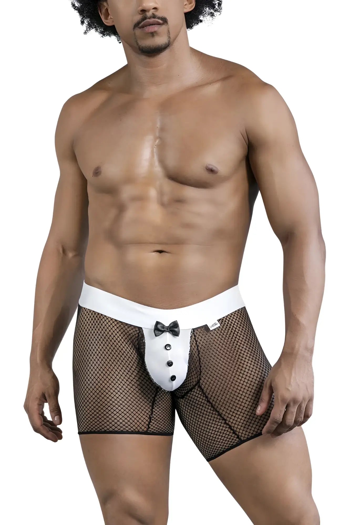 CandyMan 99834 tuxedo trunks black mesh boxer briefs with white tuxedo front panel black buttons and bow tie