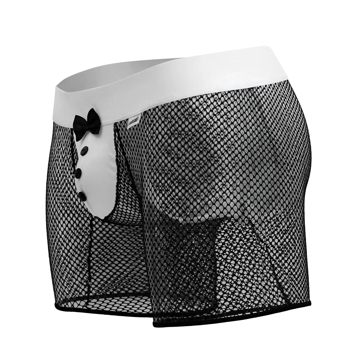 Candyman 99834 tuxedo trunks black mesh boxer briefs with white waistband black bow tie and button detail on front