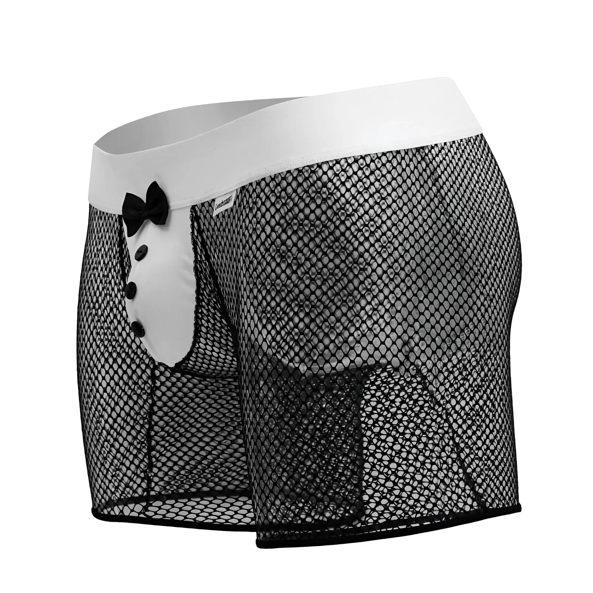 Candyman 99834 tuxedo trunks black mesh boxer briefs with white waistband black bow tie and button detail on front