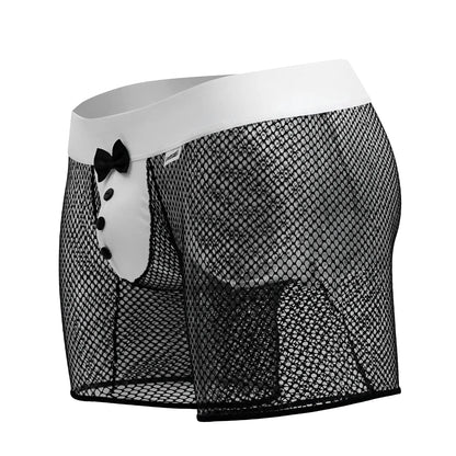 Candyman 99834 tuxedo trunks black mesh boxer briefs with white waistband black bow tie and button detail on front