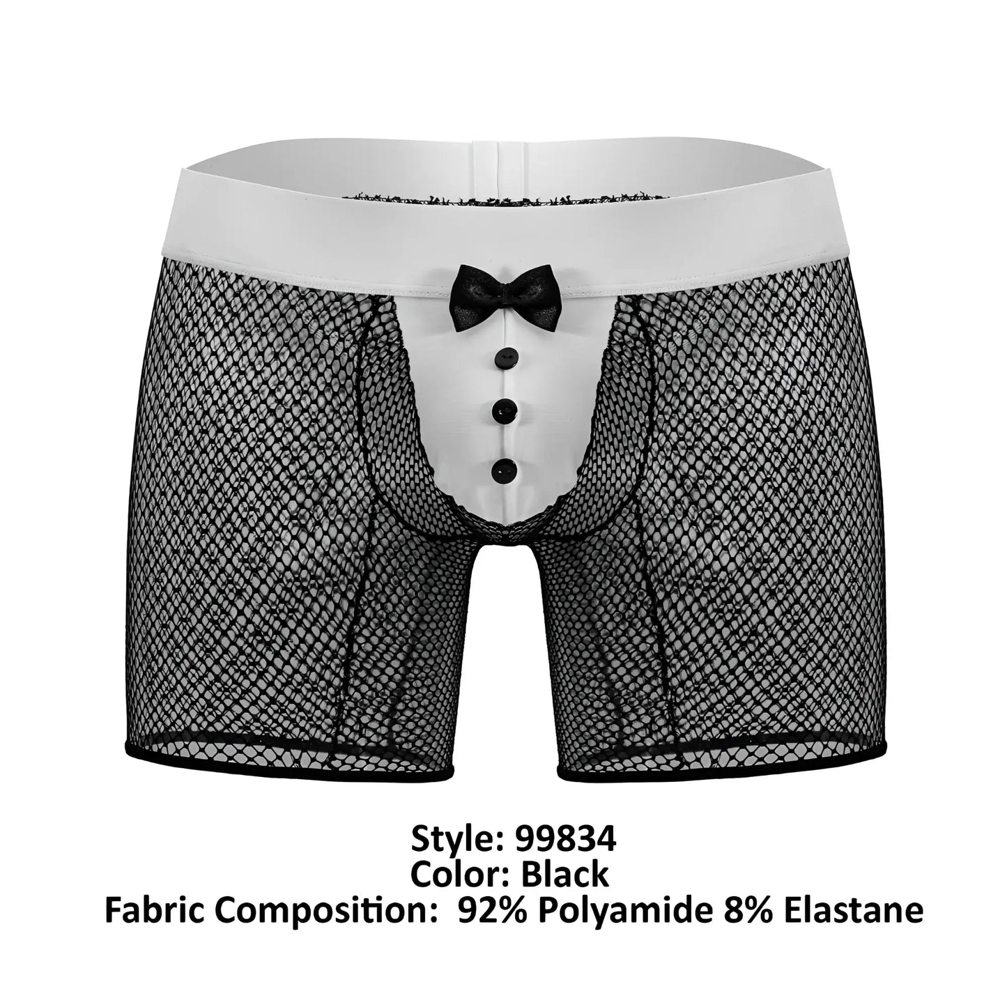 Black mesh boxer briefs with white waistband black buttons and bow tie candy man 99834 tuxedo trunks black