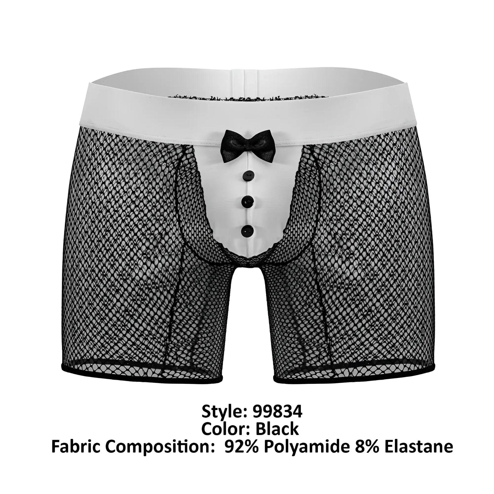 Black mesh boxer briefs with white waistband black buttons and bow tie candy man 99834 tuxedo trunks black