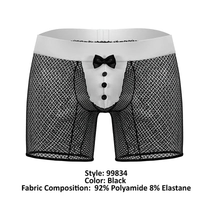 Black mesh boxer briefs with white waistband black buttons and bow tie candy man 99834 tuxedo trunks black