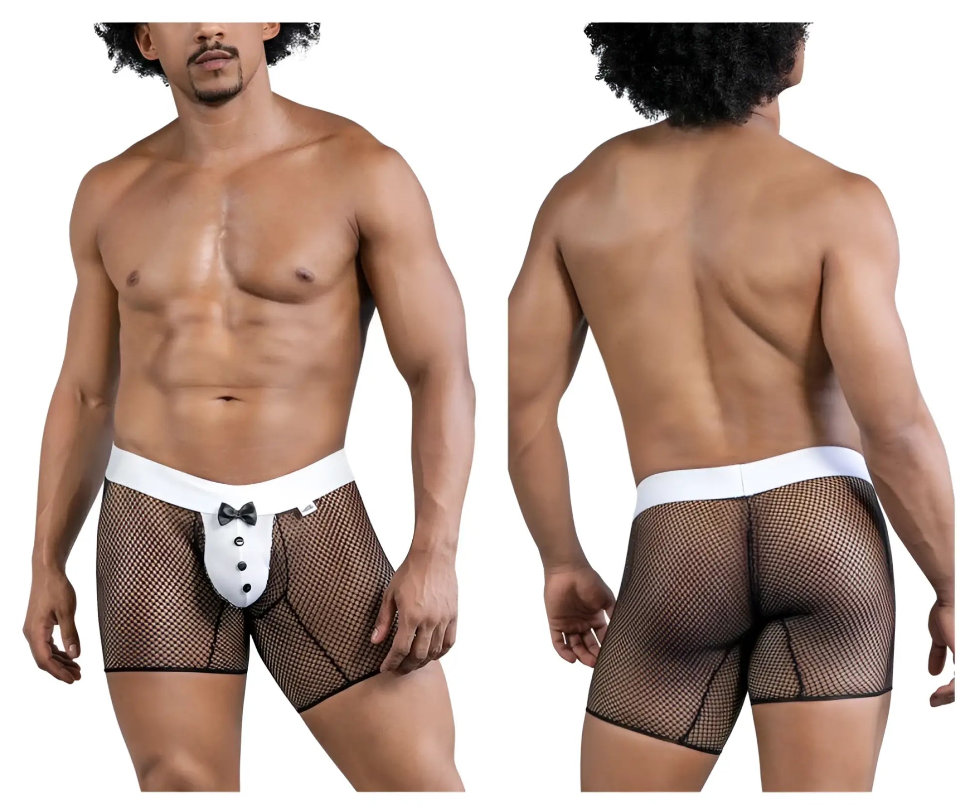 Black mesh briefs with white waistband and tuxedo button detail by candyman 99834 tuxedo trunks black
