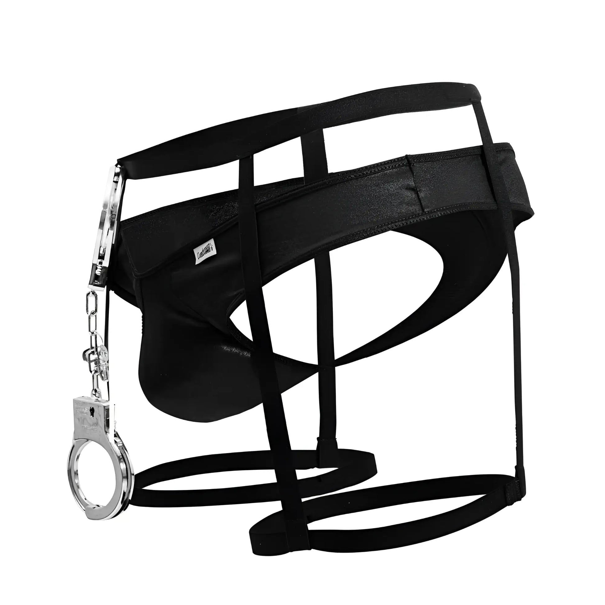 Black leather-like police outfit harness with a silver handcuff attached on the side by candyman 99835