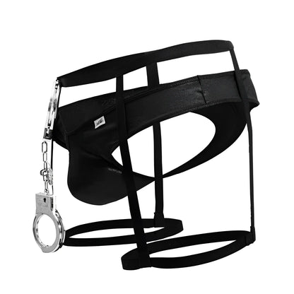 Black leather-like police outfit harness with a silver handcuff attached on the side by candyman 99835