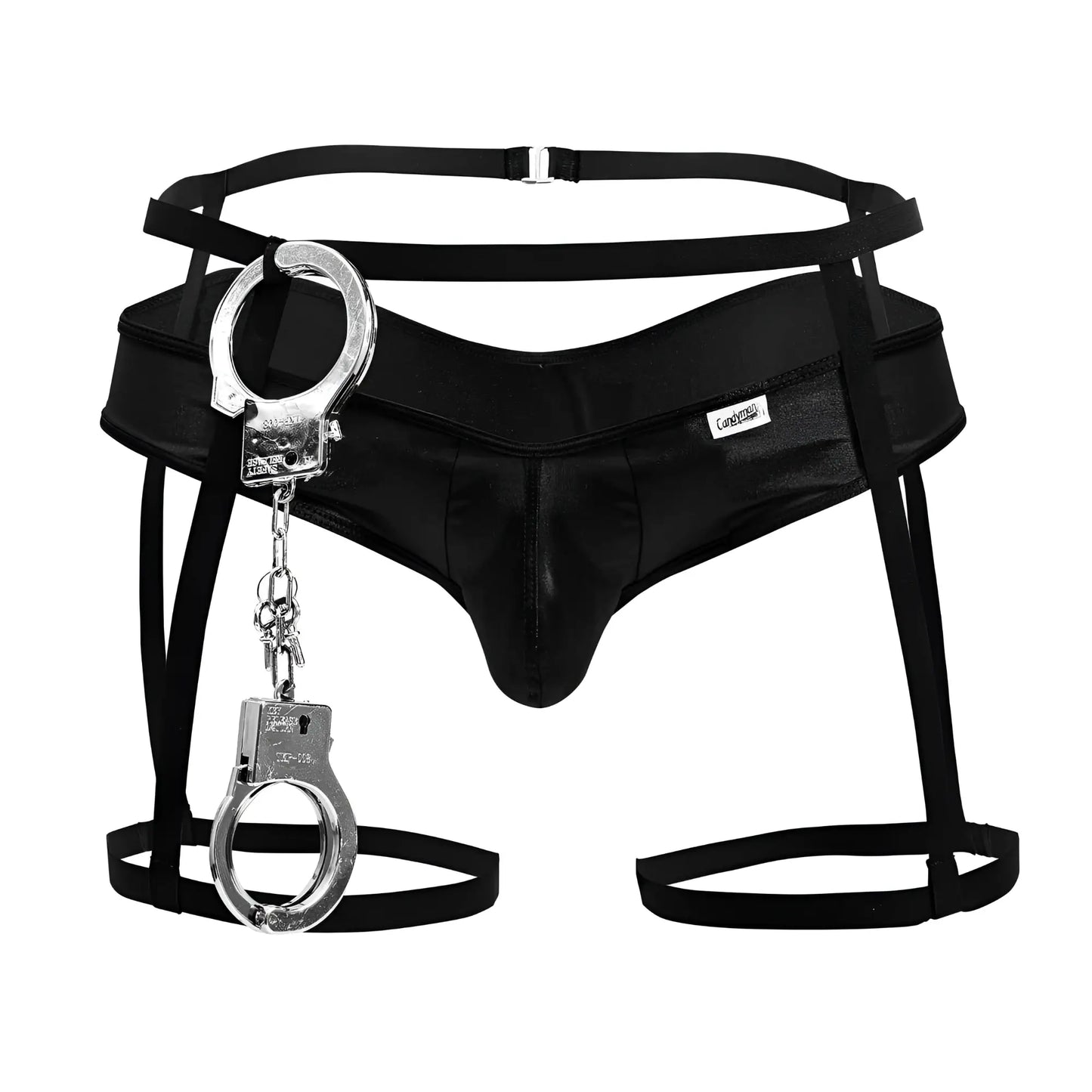 Black leather-like harness with silver handcuffs dangling from front part of candyman 99835 police outfit
