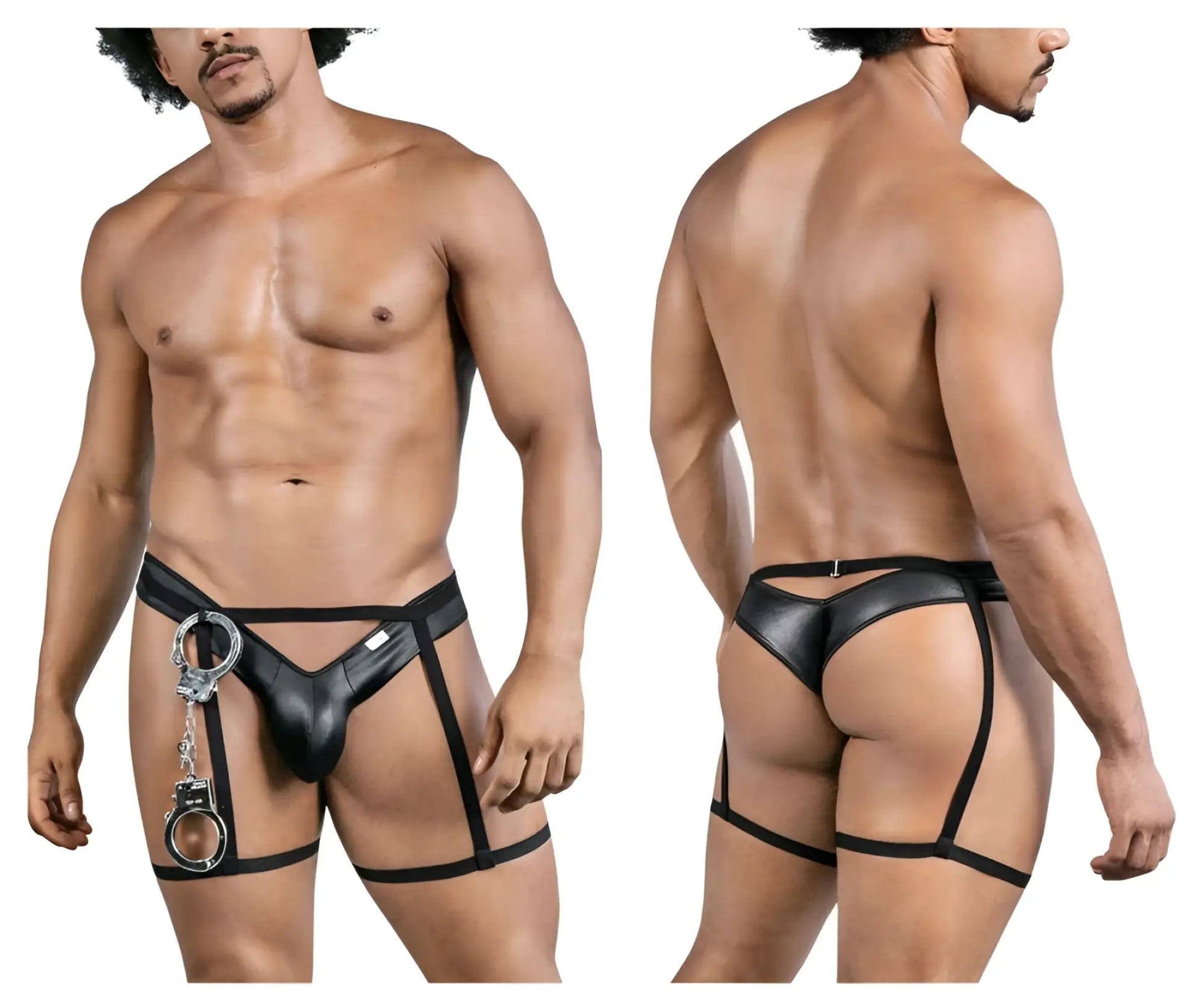 Black leather-like harness underwear with attached silver handcuffs in candyman 99835 police outfit color black