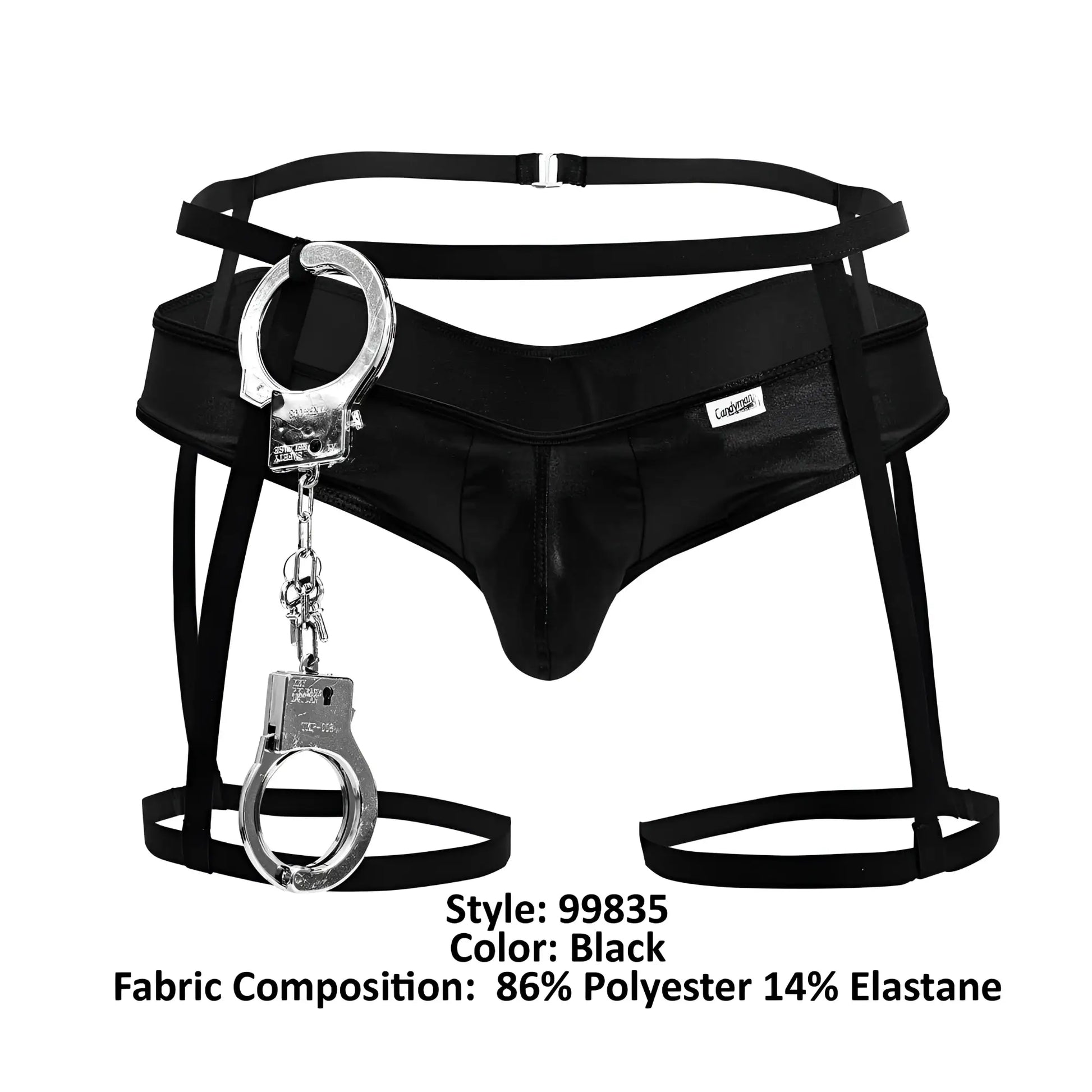Black leather bondage briefs for men with silver handcuffs front detail from candyman police outfit 99835