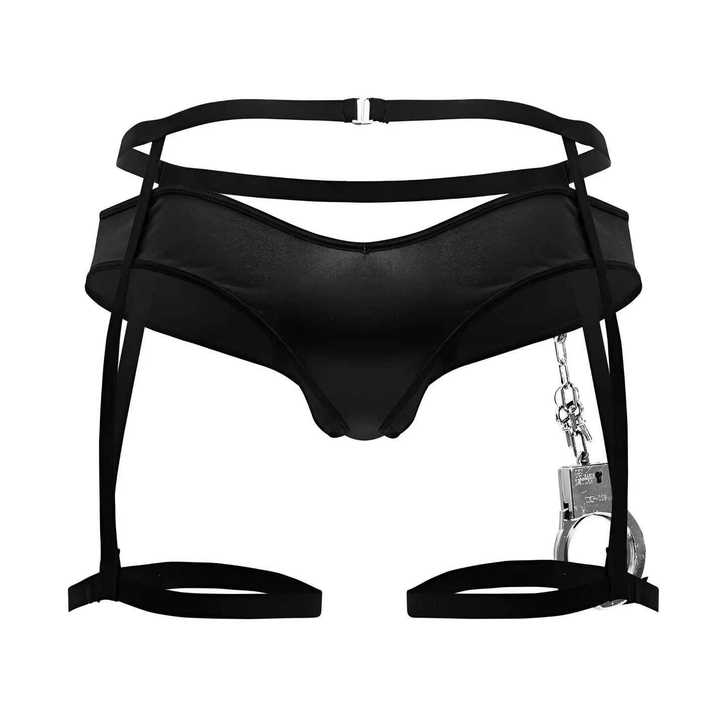 Black satin-like harness with attached silver handcuffs from candyman 99835 police outfit in black color