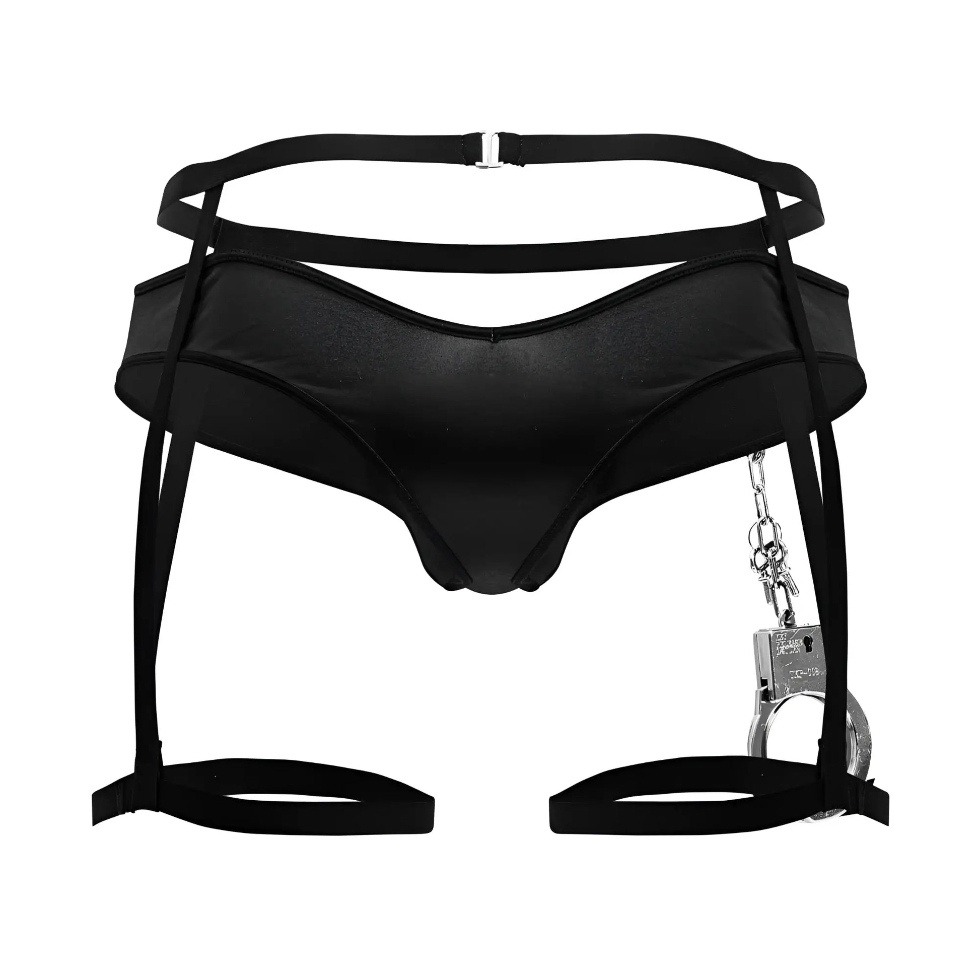 Black satin-like harness with attached silver handcuffs from candyman 99835 police outfit in black color