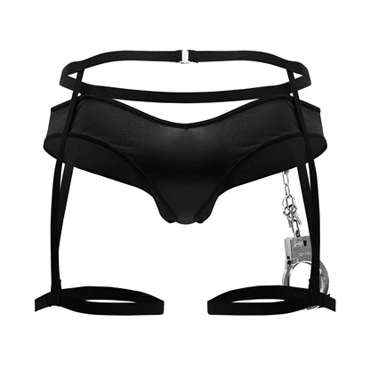 Black satin-like harness with attached silver handcuffs from candyman 99835 police outfit in black color
