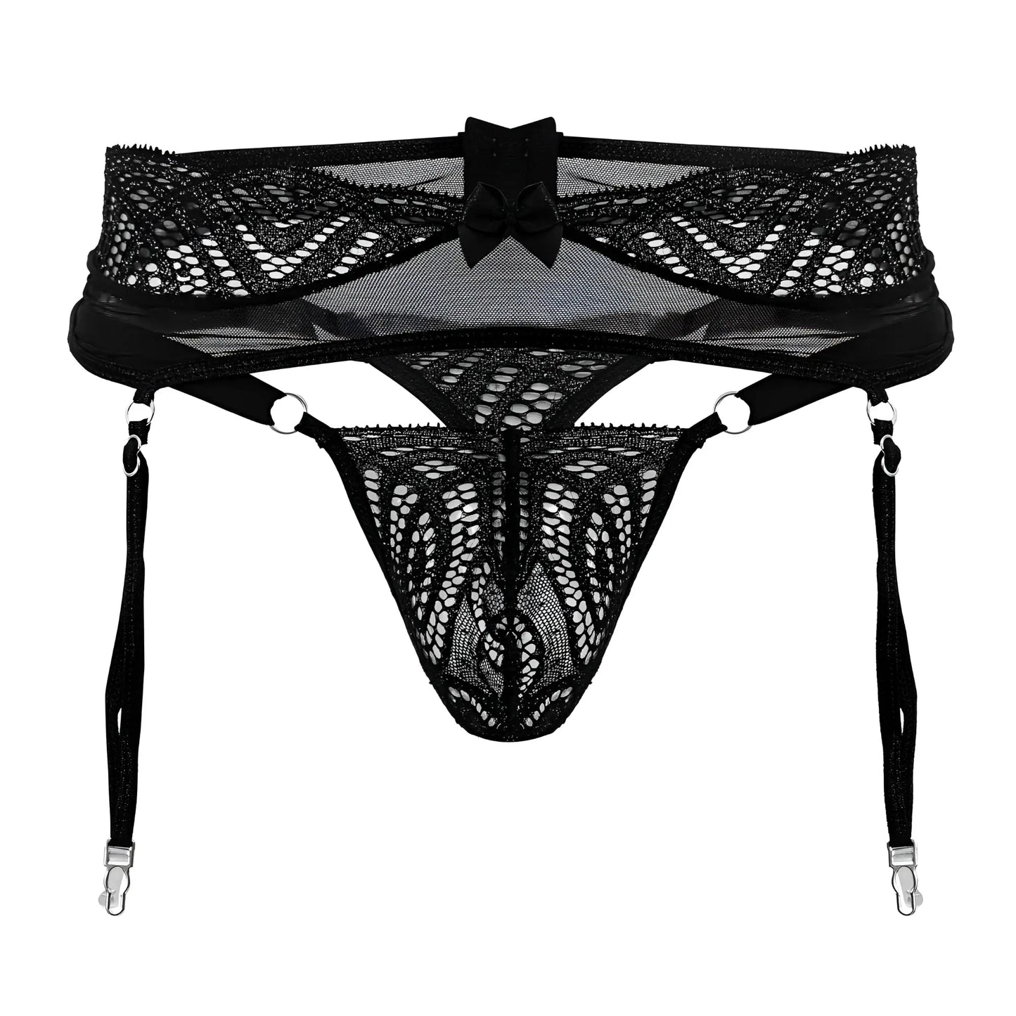Black lace garter belt candyMan 99837 with central bow and adjustable straps in black color