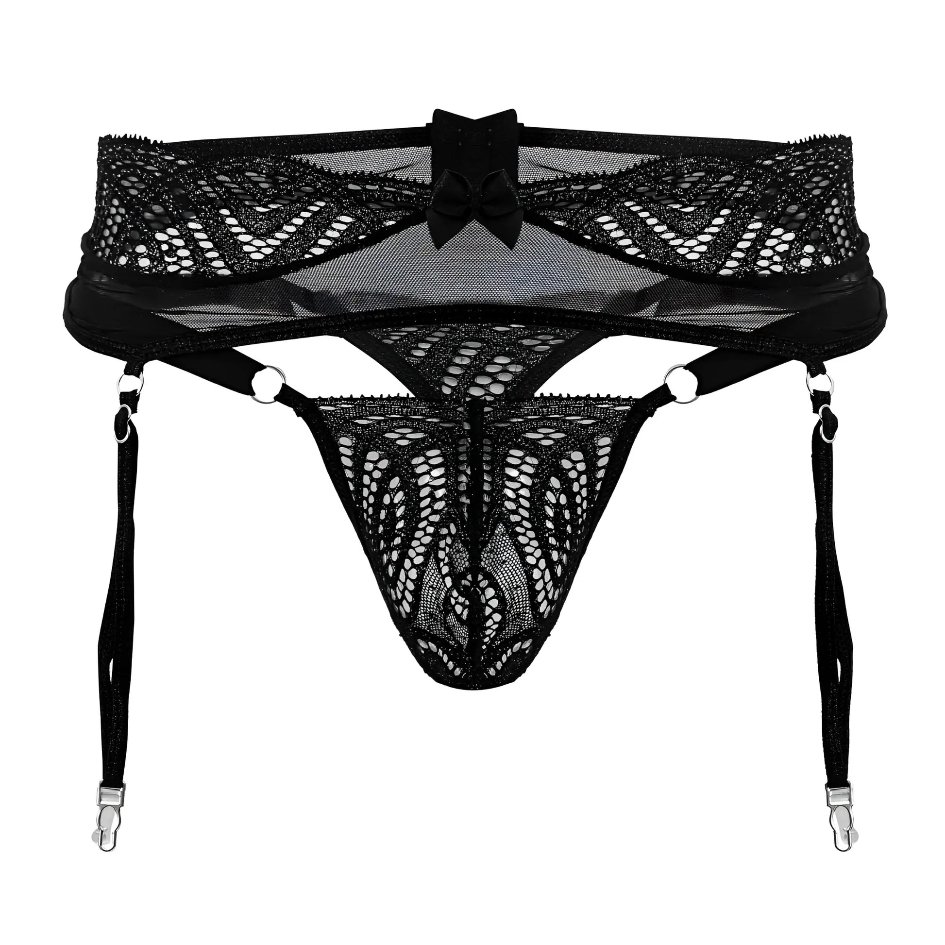 Black lace garter belt candyMan 99837 with central bow and adjustable straps in black color