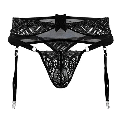 Black lace garter belt candyMan 99837 with central bow and adjustable straps in black color