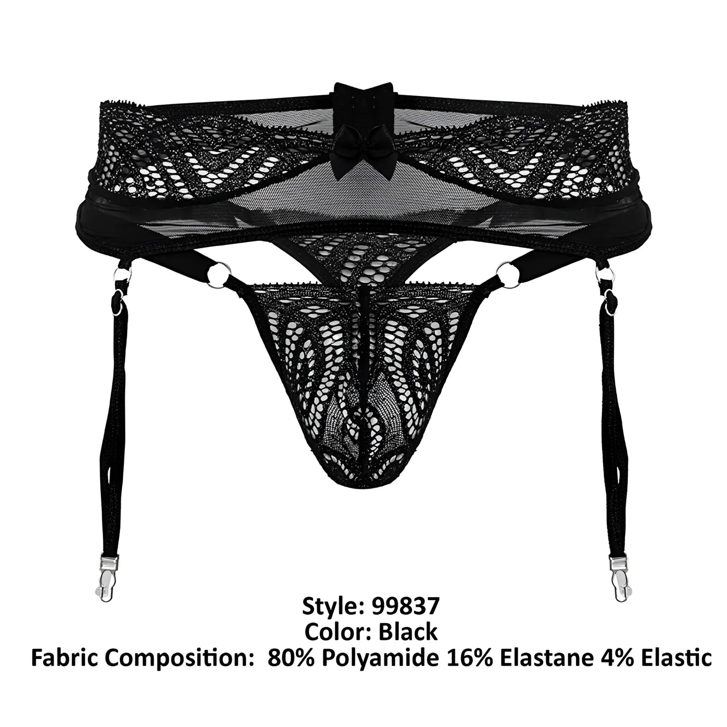 Black lace CandyMan 99837 garter belt with central bow and adjustable straps for lingerie outfit