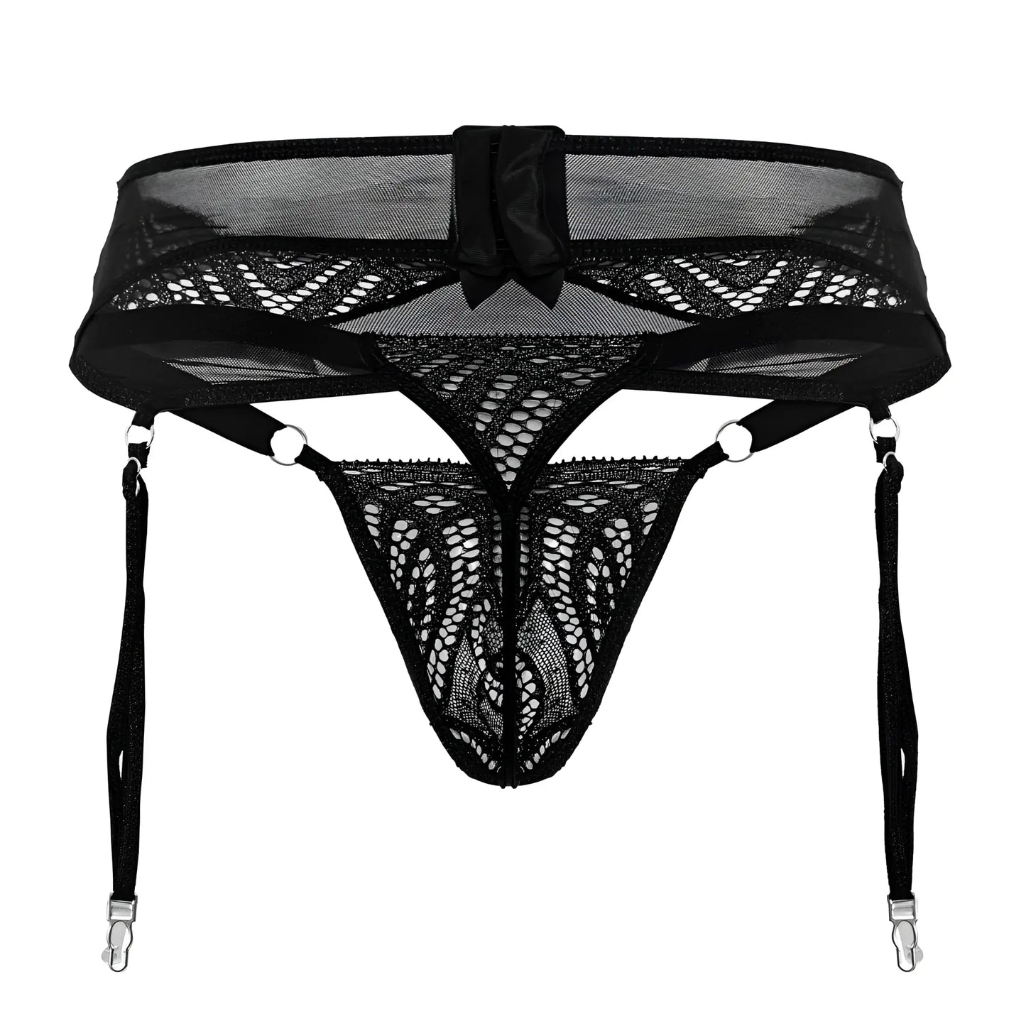 Black lace garter belt candyMan 99837 with mesh and bow detail in black for elegant lingerie wear