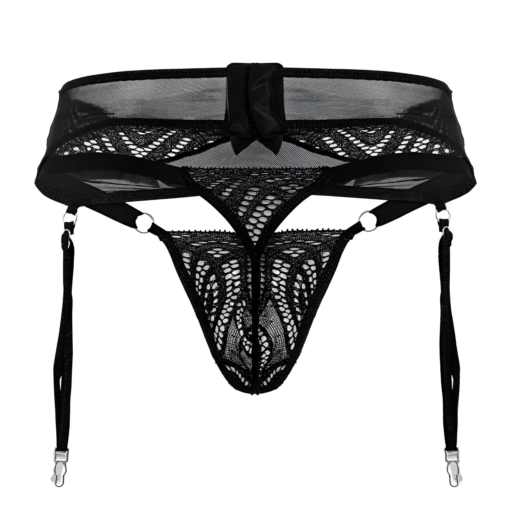 Black lace garter belt candyMan 99837 with mesh and bow detail in black for elegant lingerie wear