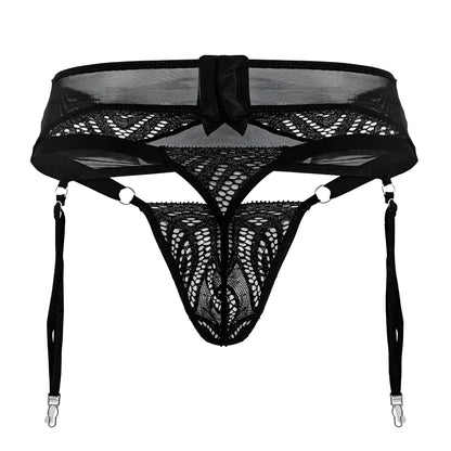 Black lace garter belt candyMan 99837 with mesh and bow detail in black for elegant lingerie wear
