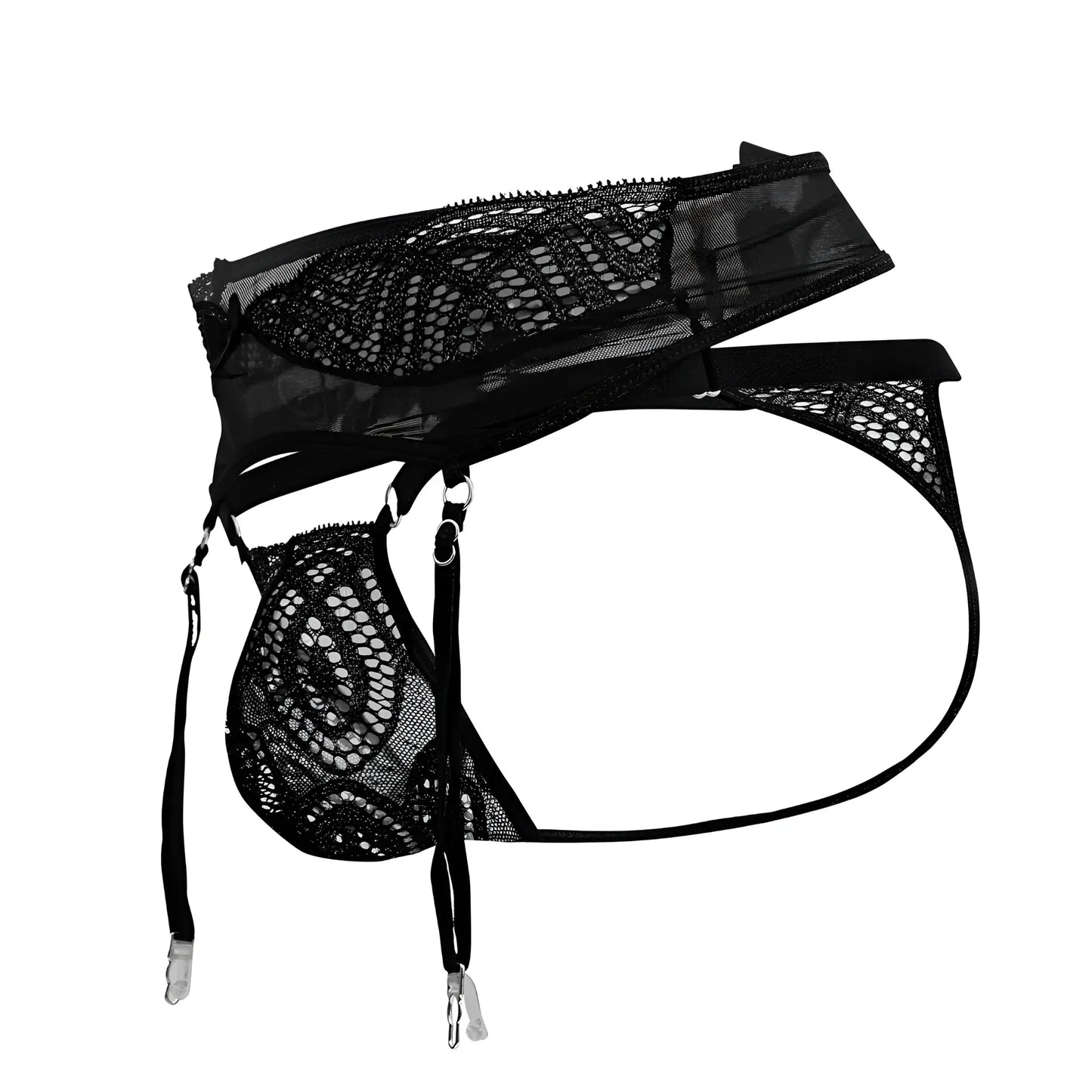 Black lace garter belt candyMan 99837 with mesh panels and adjustable straps in black shown from the back side