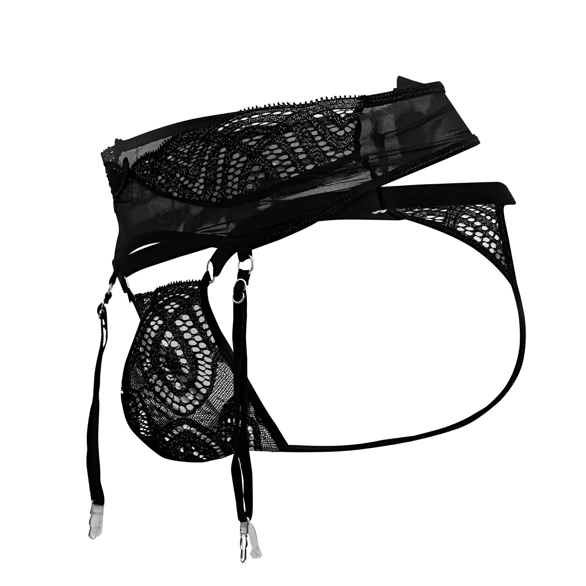 Black lace garter belt candyMan 99837 with mesh panels and adjustable straps in black shown from the back side