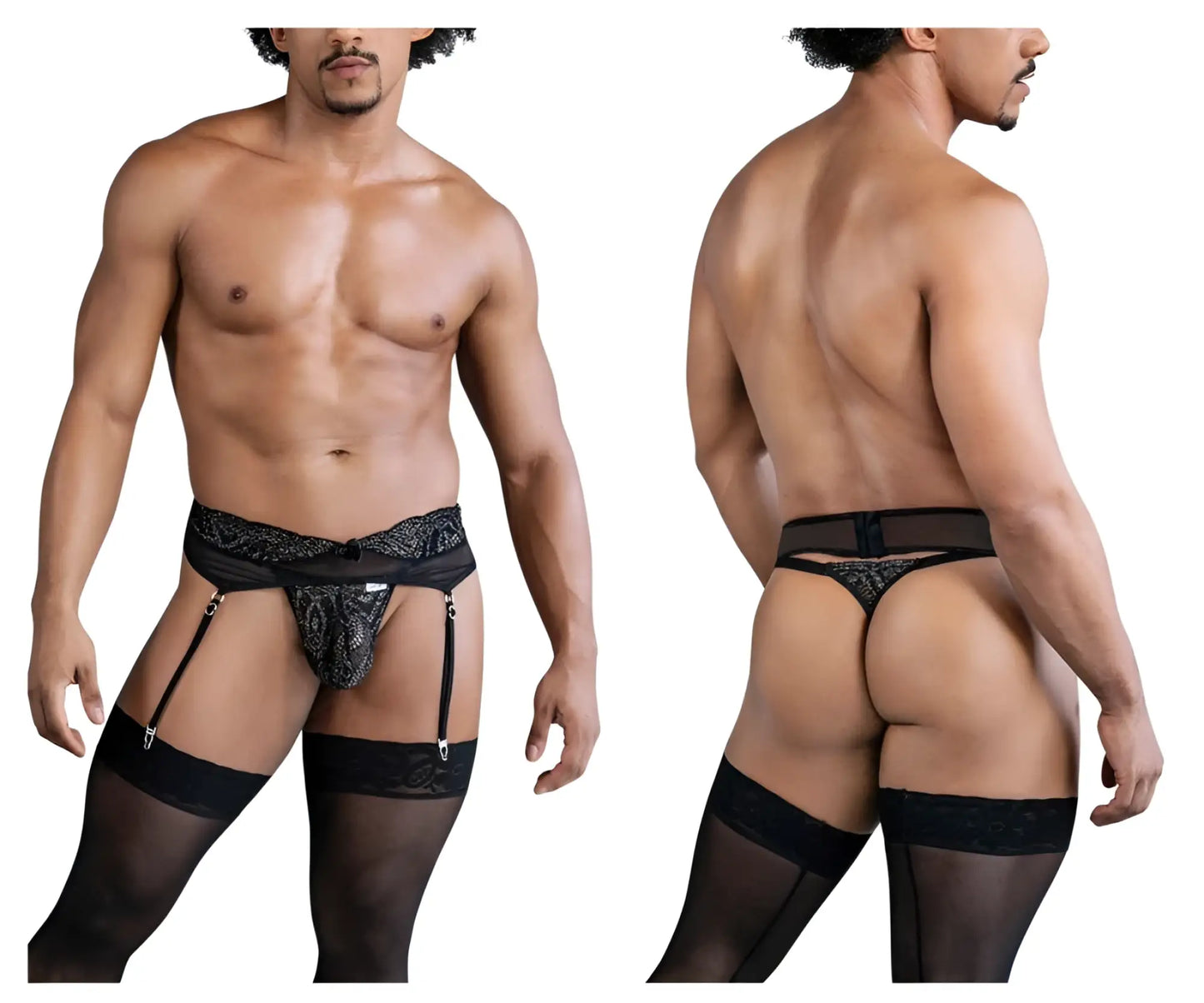 Black lace thong with matching garter belt and sheer stockings in the CandyMan 99837 lace-garter outfit color black