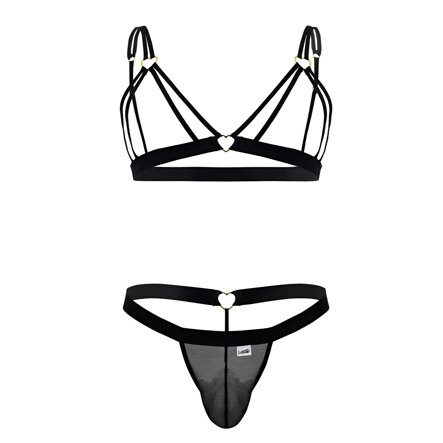 Black lace-trimmed thong with heart-shaped metal accents and mesh paneling from Candyman 99838 two piece outfit in black