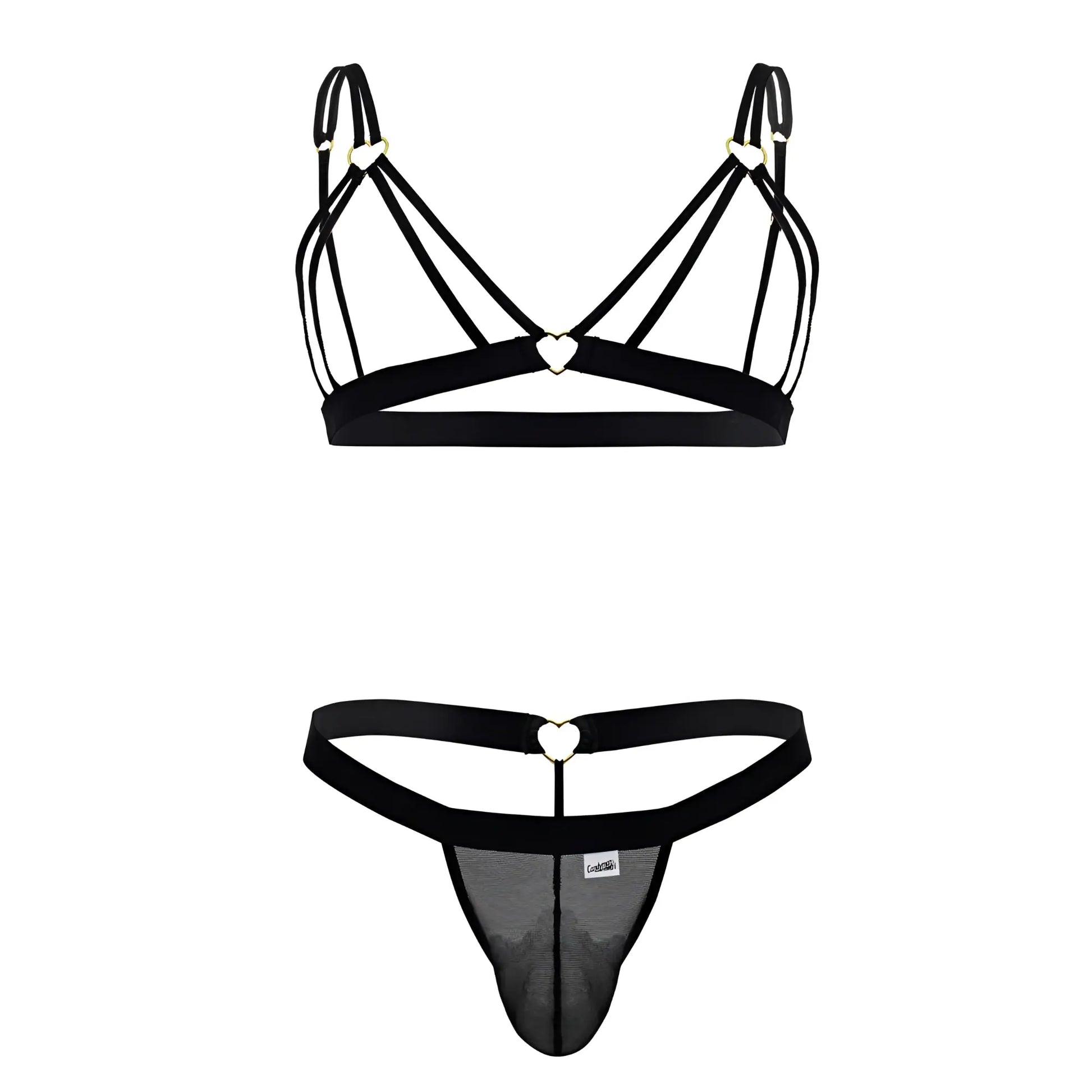 Black lace-trimmed thong with heart-shaped metal accents and mesh paneling from Candyman 99838 two piece outfit in black