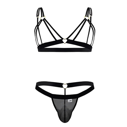 Black lace-trimmed thong with heart-shaped metal accents and mesh paneling from Candyman 99838 two piece outfit in black