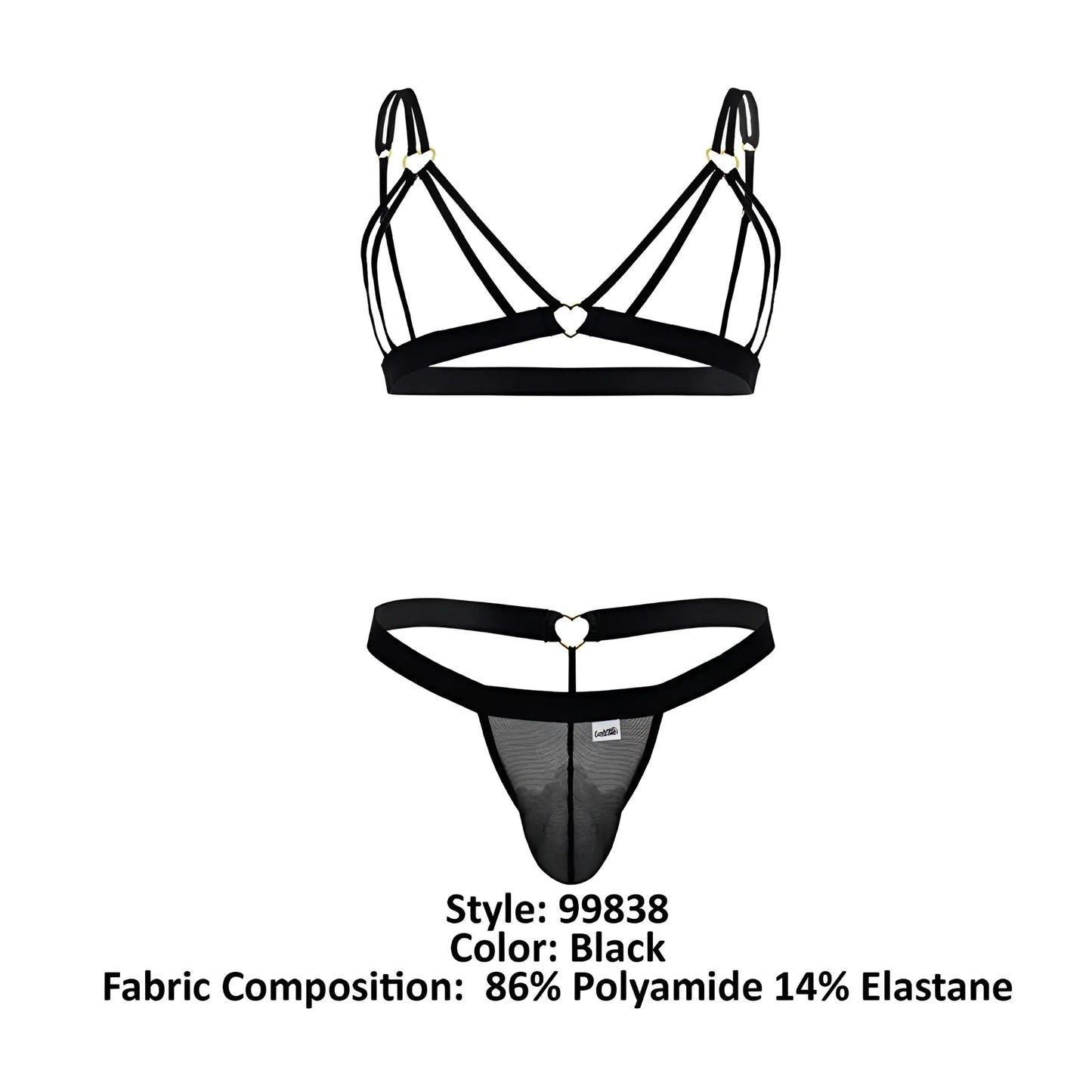 Black candyMan 99838 two piece outfit thong with lace trim heart-shaped metal clasps and mesh panel