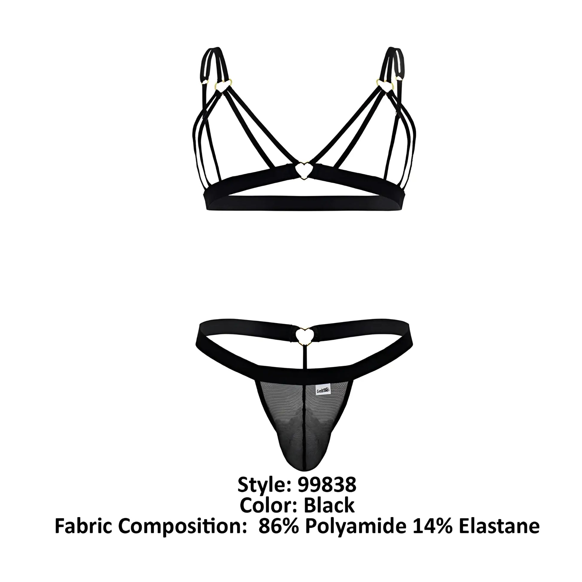 Black candyMan 99838 two piece outfit thong with lace trim heart-shaped metal clasps and mesh panel