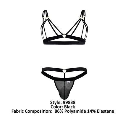 Black candyMan 99838 two piece outfit thong with lace trim heart-shaped metal clasps and mesh panel