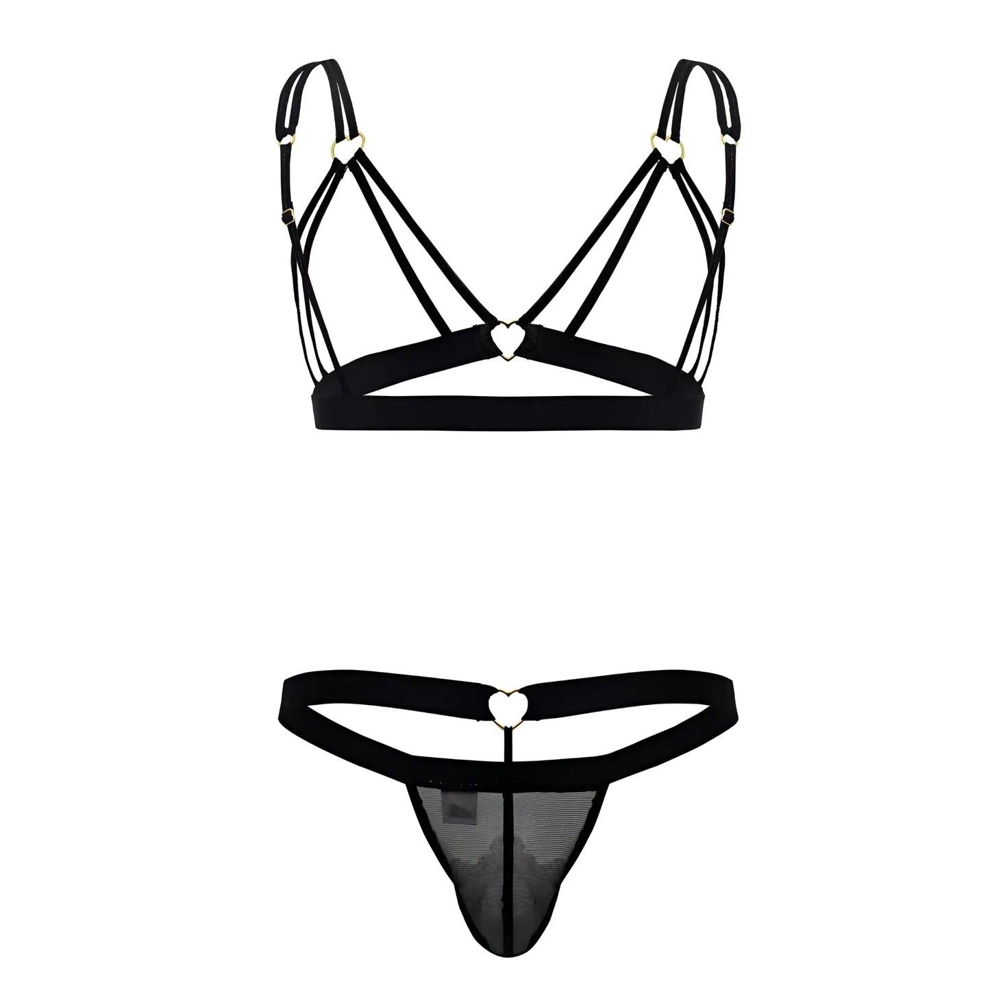 Black lace-trimmed thong with heart-shaped metal clasp and matching black bra set candy man 99838 two piece outfit