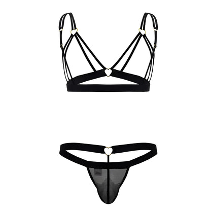 Black lace-trimmed thong with heart-shaped metal clasp and matching black bra set candy man 99838 two piece outfit