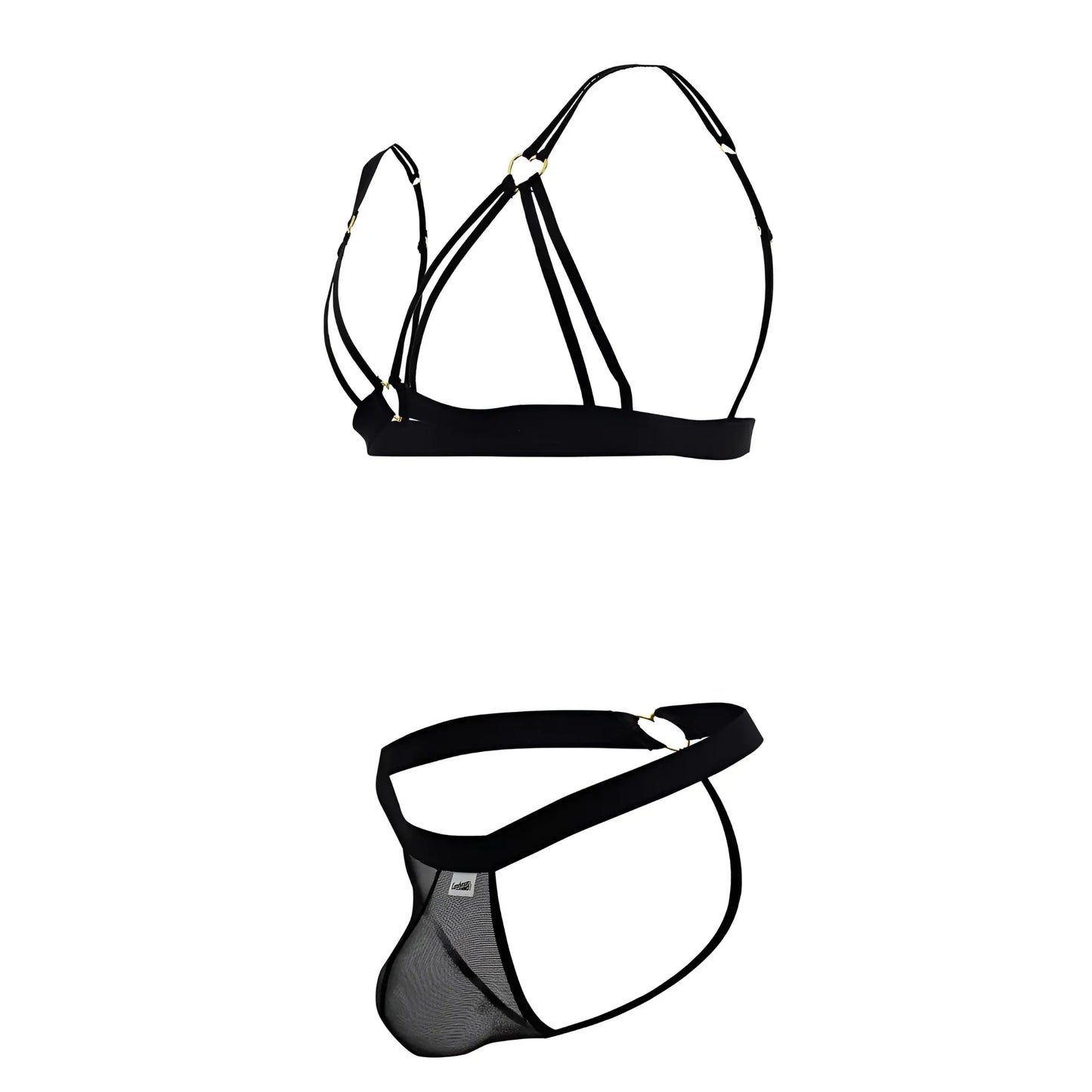 Black mesh lingerie set with elastic straps and heart shaped metal clasp candyMan 99838 two piece outfit