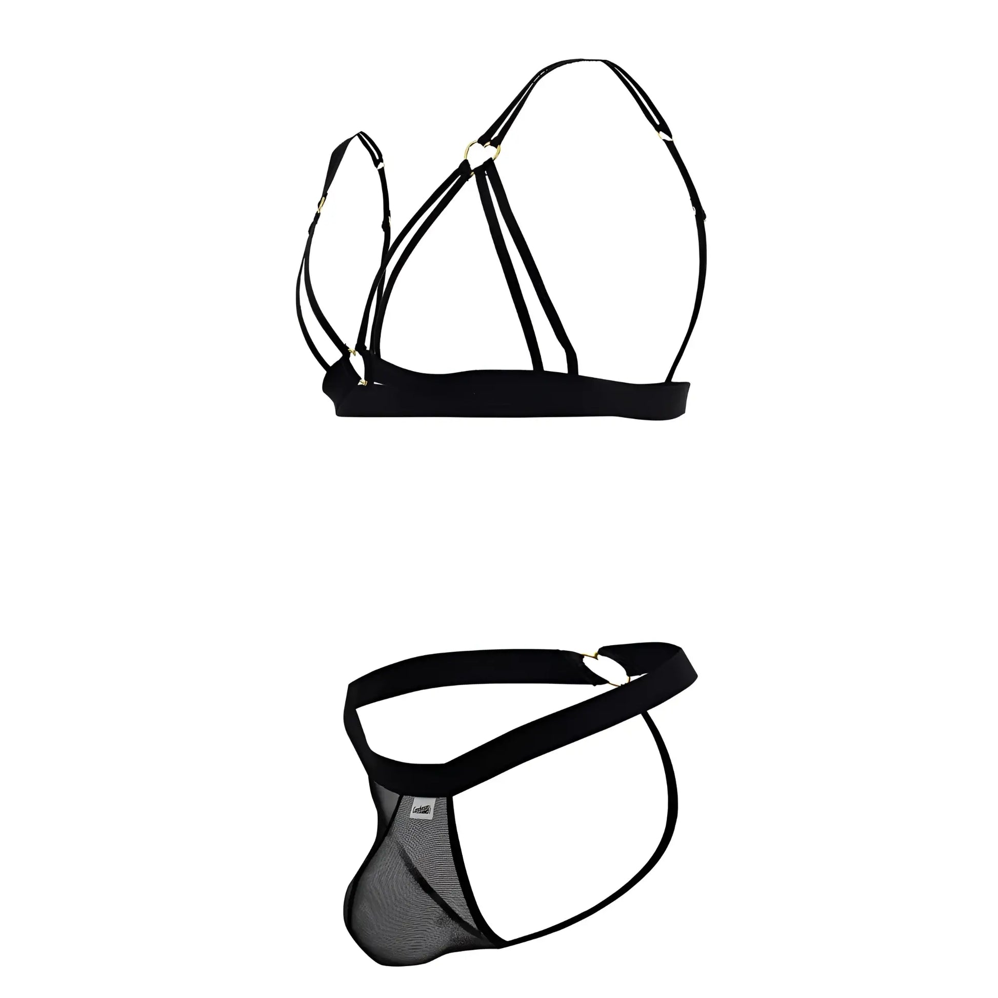 Black mesh lingerie set with elastic straps and heart shaped metal clasp candyMan 99838 two piece outfit