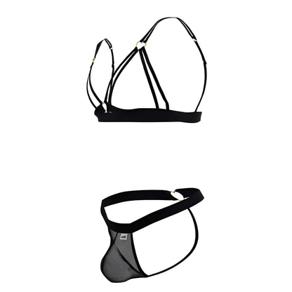 Black mesh lingerie set with elastic straps and heart shaped metal clasp candyMan 99838 two piece outfit