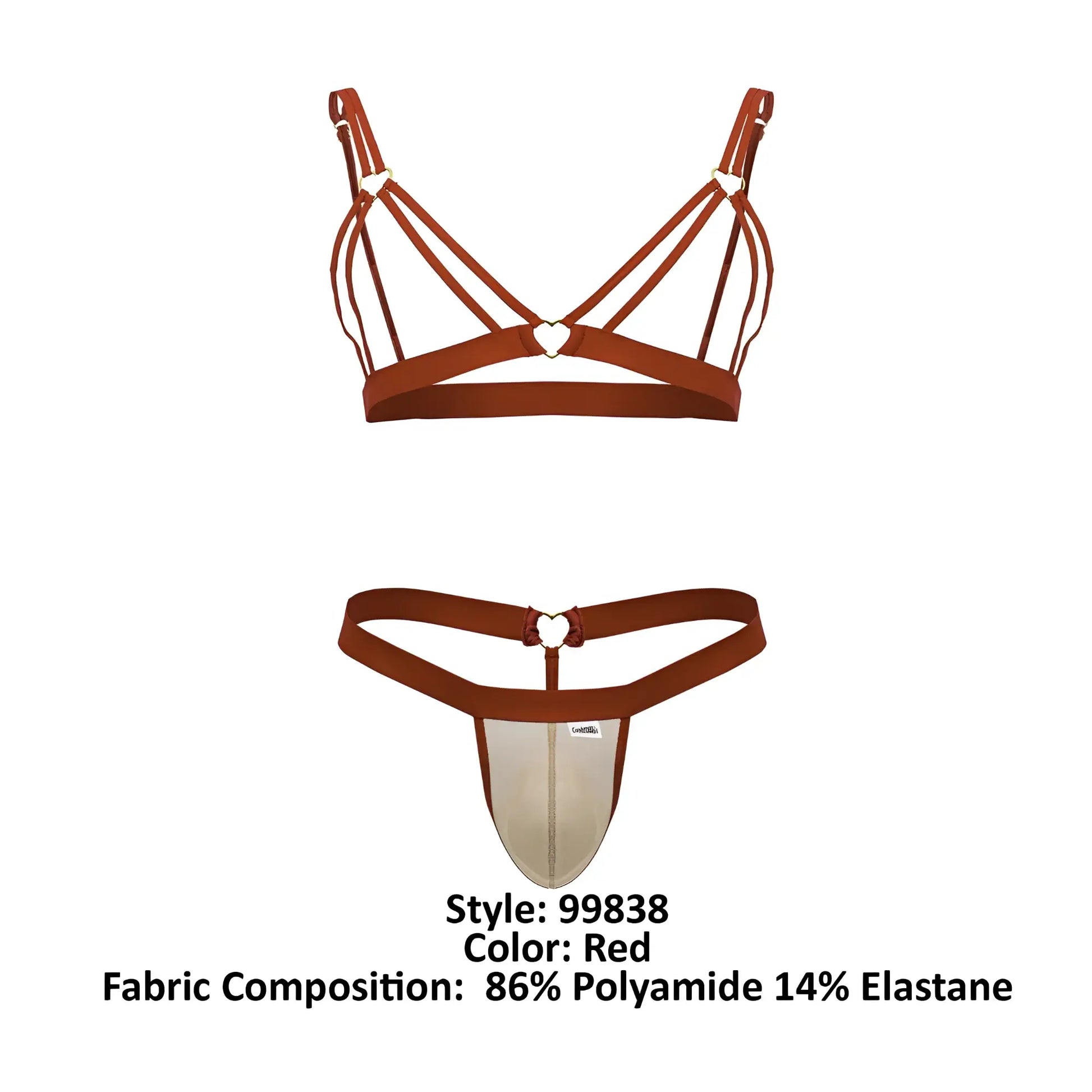 Red bra and thong two piece outfit by candyman featuring heart shaped metal clasps in red color
