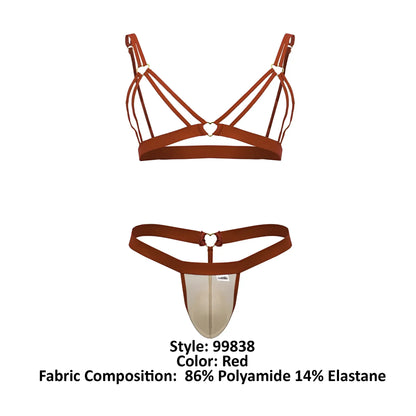 Red bra and thong two piece outfit by candyman featuring heart shaped metal clasps in red color