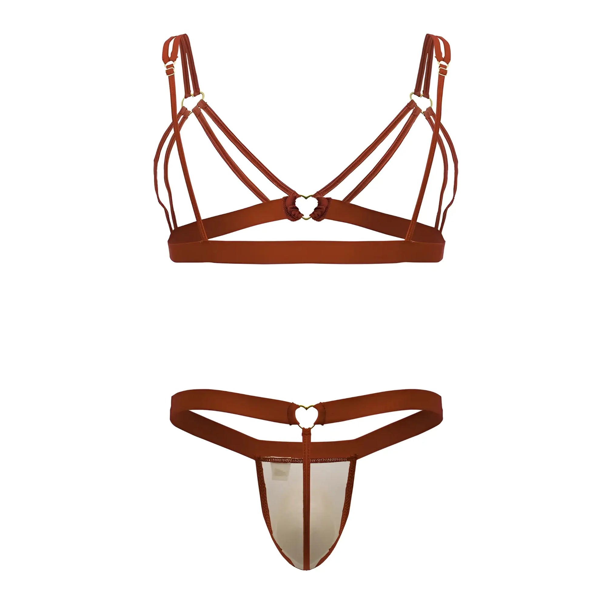 Red brown leather-like bra and thong set with heart-shaped metal clasps from candyman 99838 two piece outfit