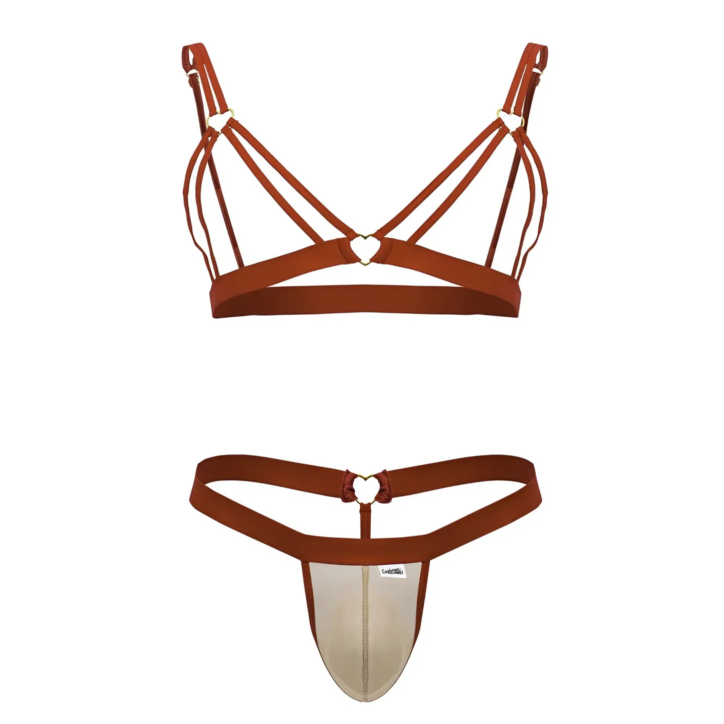 Rust-colored candy man 99838 two piece bra and thong set with strappy design and heart-shaped metal accents