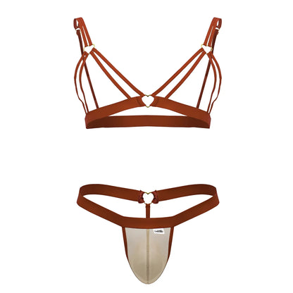 Rust-colored candy man 99838 two piece bra and thong set with strappy design and heart-shaped metal accents