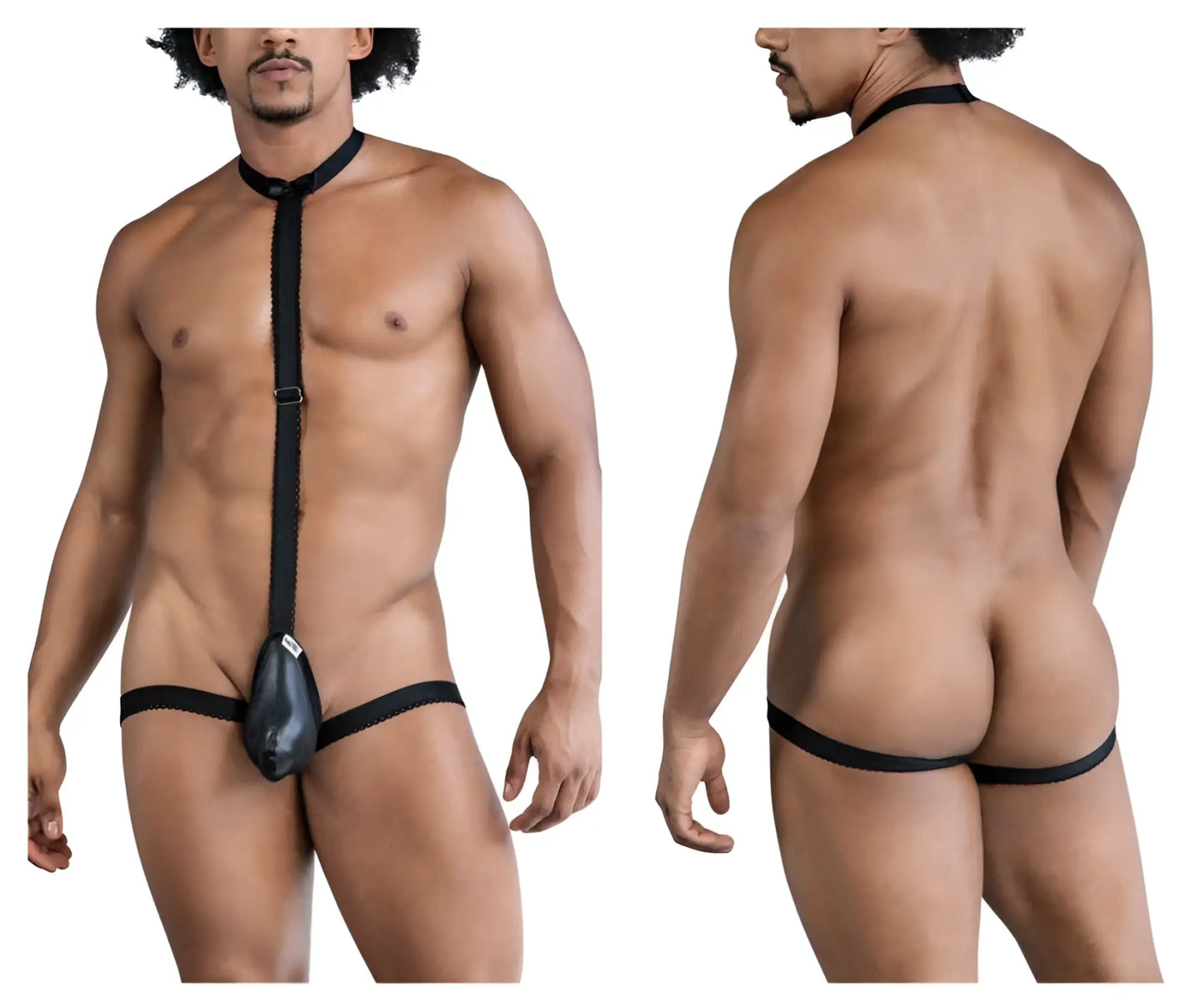 Black leather-like CandyMan 99839 Black Tie Thongs with central pouch and adjustable straps in black color