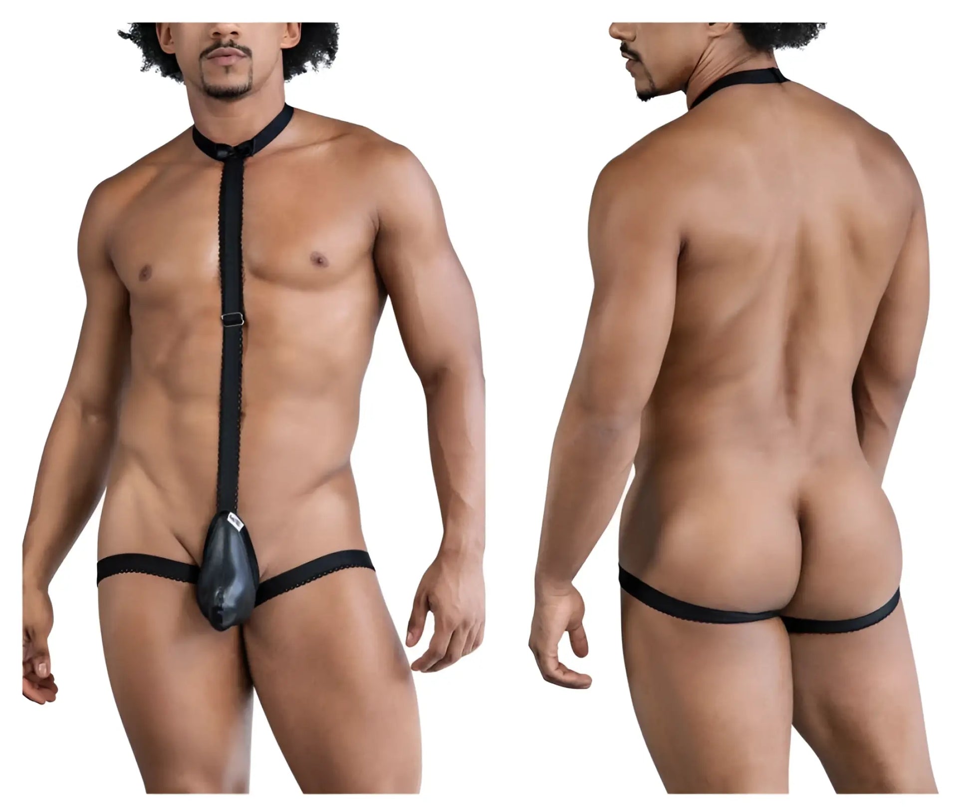 Black leather-like CandyMan 99839 Black Tie Thongs with central pouch and adjustable straps in black color