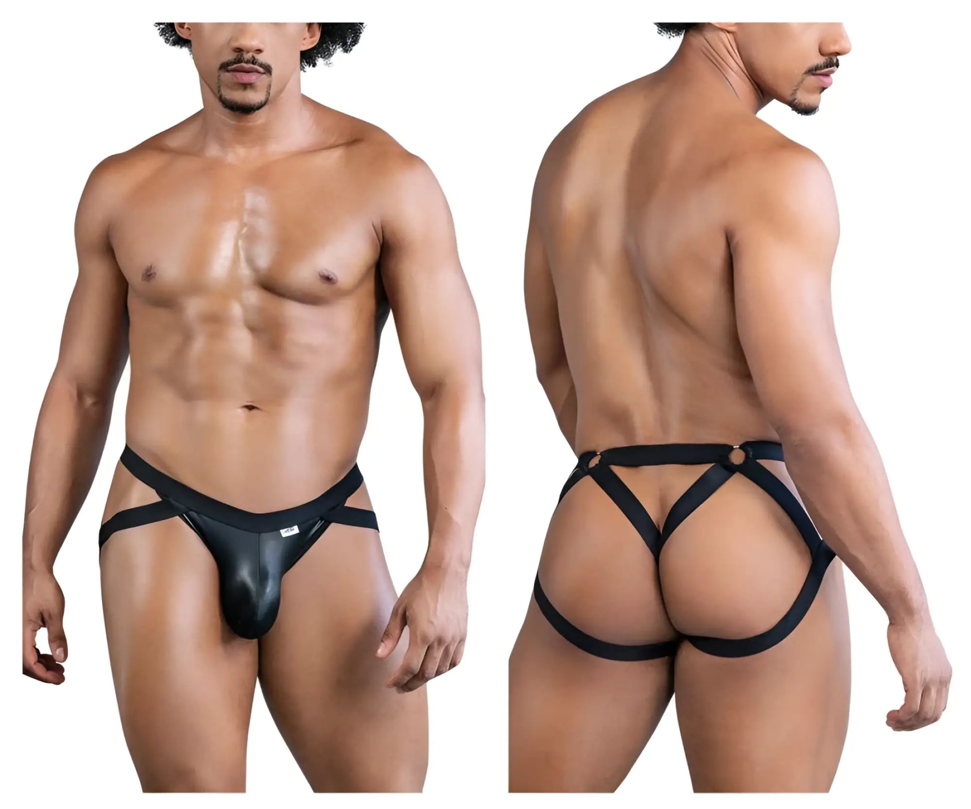 Black leather-like harness-style briefs with crisscross straps and central pouch candyMan 99840 crisscross thongs