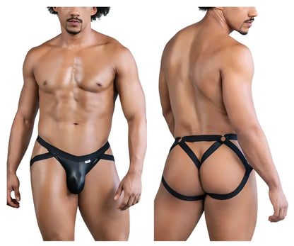 Black leather-like harness-style briefs with crisscross straps and central pouch candyMan 99840 crisscross thongs