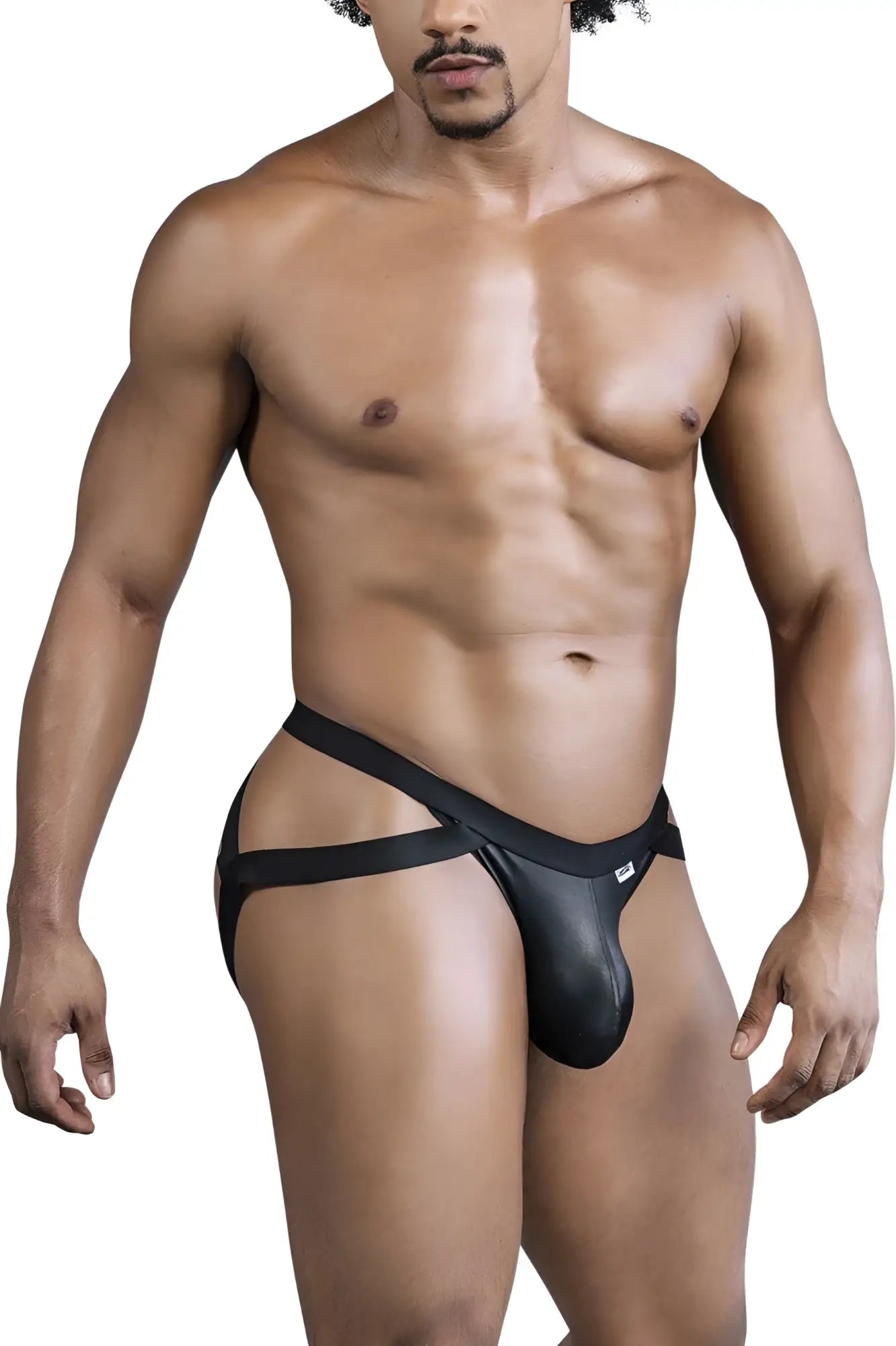 Black leather-like crisscross thong by candyman 99840 with sleek design and brand tag on waistband front view