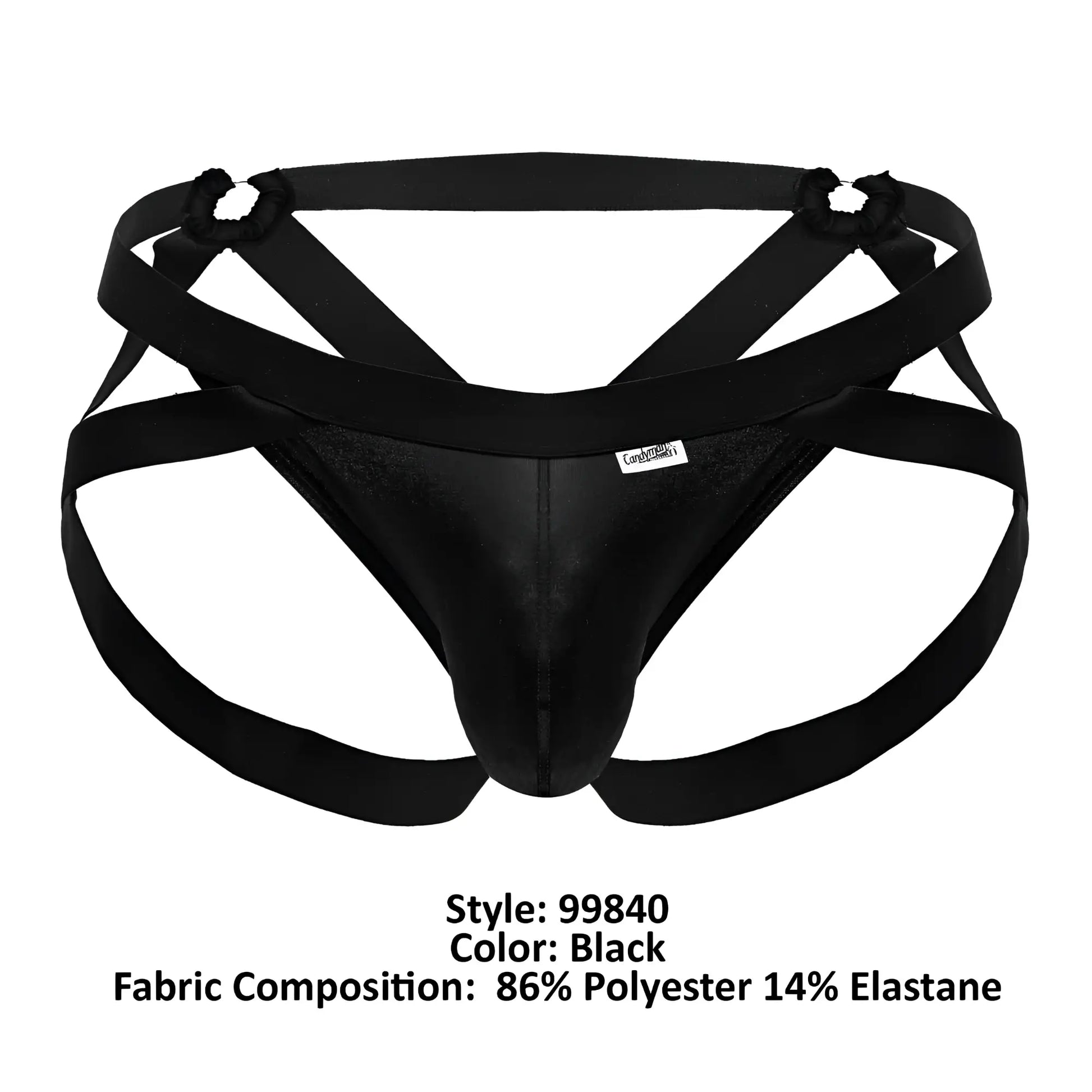 Black mens harness-style briefs candyMan 99840 with shiny stretchy fabric and crisscrossing elastic straps in black
